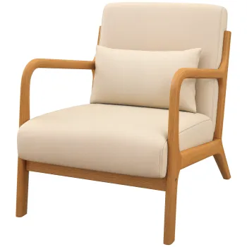 HOMCOM Fotoliu lounge - 3 perne incluse - sezut profund - brate - structura lemn de cauciuc - aspect catifea bej | Aosom Romania imagine