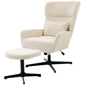 HOMCOM Fotoliu lounge rotativ 360? cu taburet, reglabil pe inaltime, tapiterie chenille, cu perna lombara, alb-crem | Aosom Romania imagine