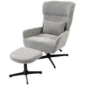 HOMCOM Fotoliu lounge rotativ 360? cu taburet, reglabil pe inaltime, tapiterie chenille, cu perna lombara, crem-alb | Aosom Romania imagine