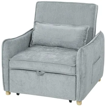 HOMCOM Fotoliu Pat 3 in 1 Pliabil, Spatar Reglabil 3 Pozitii, Sezut Spatios, Perna Detasabila, Fotoliu Transformabil din Chenille cu Roti si Buzunare, 88x84x87 cm, Gri | Aosom Romania imagine