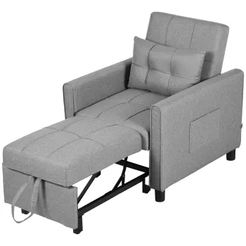 HOMCOM Fotoliu Pat Individual cu Spatar Reglabil pe 3 Nivele, 2 Roti si Perna din Tesatura, 69x82x85 cm, Gri | Aosom Romania imagine