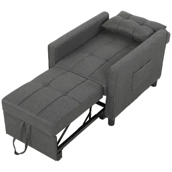 HOMCOM Fotoliu Pat Single 3 in 1 din Material Textil Tip In si Lemn cu Spatar Reclinabil, Perna, Buzunare, Gri | Aosom Romania imagine
