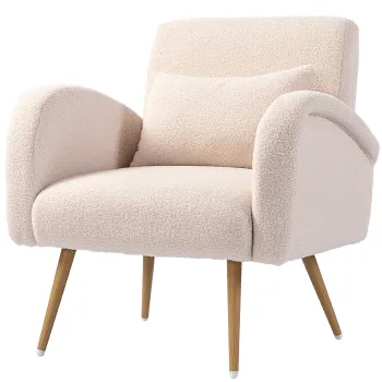 HOMCOM Fotoliu pentru Sufragerie Captusit, Fotoliu de Camera in Material Teddy cu Perna Lombarda, Fotoliu de Lectura cu Picioare cu Efect de Lemn din Metal pentru Sufragerie si Birou, 77x77x83 cm, Bej | Aosom Romania imagine