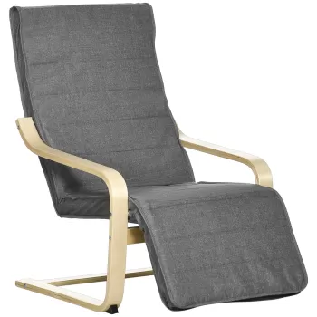HOMCOM Fotoliu Relax cu Suport picioare pe 5 Niveluri si Tetiera, Fotoliu Ergonomic din Lemn de Mesteacan si Tesut, Gri imagine