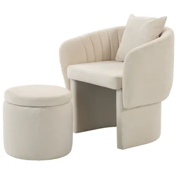 HOMCOM Fotoliu relax cu taburet, fotoliu lounge cu spatar curbat, cotiere, capitonat chenille nordic, bej | Aosom Romania imagine