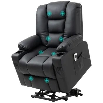 HOMCOM Fotoliu relaxant cu ajutor de ridicare, USB, functie de masaj, piele ecologica, pana la 150 kg, 90x98x102 cm, Negru | Aosom Romania imagine