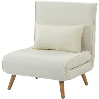 HOMCOM Fotoliu-sezlong convertibil 3 in 1 pat/fotoliu 1 loc, spatar 5 pozitii, material textil cu perna, crem | Aosom Romania imagine