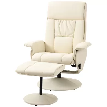 HOMCOM Fotoliu si taburet otoman cu baza infasurata, Scaun rabatabil rotitor din piele PU cu suport de picioare, Crem Alb | AOSOM RO imagine