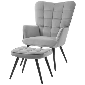 HOMCOM Fotoliu Tapitat cu Cotiere si Suport pentru Picioare Integrat, Taburet din Tesatura cu Efect de Catifea, 73x77.5x98 cm, Gri Deschis imagine