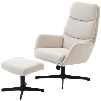HOMCOM Fotoliu tapitat cu taburet, fotoliu lounge cu spatar inalt, baza metalica, pentru living, dormitor, Bej | Aosom Romania imagine