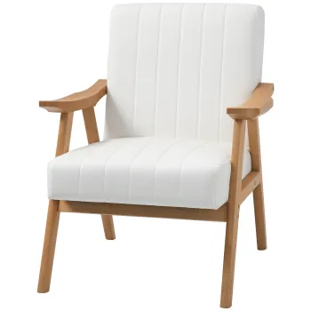 HOMCOM Fotoliu Tapitat in Design Scandi, Aspect de catifea, Cadru din Masiv de Lemn, 68 x 74 x 82cm, Crem | Aosom Romania imagine