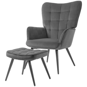 HOMCOM Fotoliu Tapitat pentru Interior cu Brate si Taburet Integrat, Fotoliu pentru Sufragerie din Tesatura cu Efect de Catifea, 73x77.5x98 cm, Gri Inchis imagine