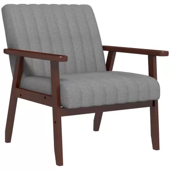 HOMCOM Fotoliu tip scaun din material, Fotoliu cu tapisare moderna pentru dormitor, sufragerie, Sezlong capitonat cu picioare din lemn, Gri imagine