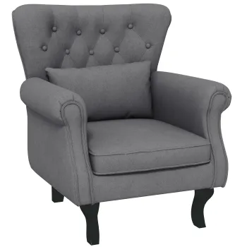 HOMCOM Fotoliu vintage cu spatar cu aripi, Scaun Accent, Fotoliu tapitat pentru semineu cu perna, spatar tapisat capitonat si brate rulate pentru camera de zi, dormitor, biroul de acasa, Gri inchis imagine