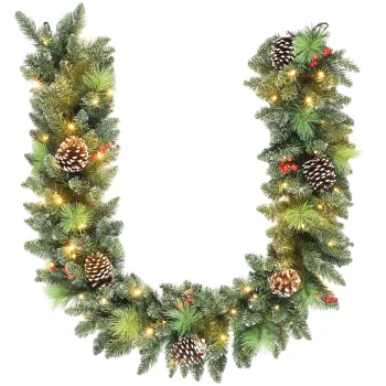 HOMCOM Ghirlanda de Craciun 183 cm cu Crengi Inzapezite si 30 de Lumini Albe, Conuri si Boabe pentru Interioare | Aosom Romania imagine