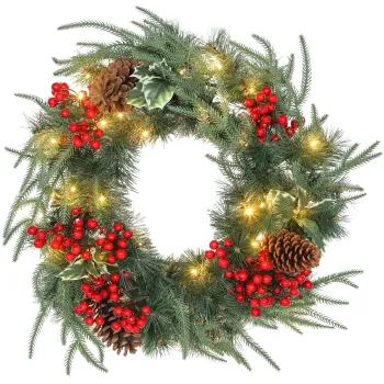 HOMCOM Ghirlanda de Craciun de 60 cm cu Lumini LED Albe, Coroana de Craciun cu Temporizator, 170 de Ramuri, Conuri de Pin, Boabe si Vasc, Decor de Craciun pentru Usa si Fereastra, Verde | Aosom Romania imagine