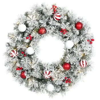 HOMCOM Ghirlanda de Craciun inzapezita de 60 cm cu LED-uri, 8 moduri, 140 ramuri, 8 boabe si 15 globulete decorative, Verde | Aosom Romania imagine