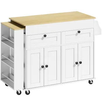 HOMCOM insula centrala de bucatarie cu blat extensibil, servanta de bucatarie pe roti cu 2 sertare, 4 usi, alb | Aosom Romania imagine