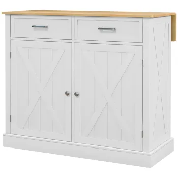 HOMCOM Insula de bucatarie Carucior de bucatarie cu blat pliabil din lemn 2 usi 2 sertare raft reglabil si 4 roti 105x60x90,5 cm Alb | Aosom Romania imagine