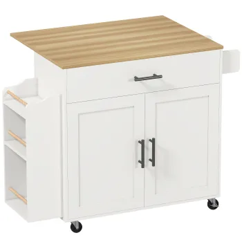 HOMCOM Insula de bucatarie, carucior pe roti, cu blat pliant, sertar, raft, 120 x 68 x 85 cm, Alb | Aosom Romania imagine