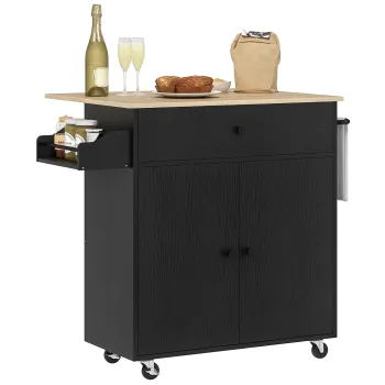 HOMCOM Insula de Bucatarie cu Ala Rabatabila 2 Usi Sertar Suport pentru Condimente Bara de Agatat Servetel si Raft Reglabil 106x42x87 cm Negru si Stejar | Aosom Romania imagine