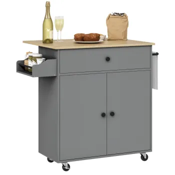 HOMCOM Insula de Bucatarie cu Aripioara Rabatabila 2 Usi Sertar Suport pentru Condimente Si Stend Reglabil 106x42x87 cm Gri si Stejar | Aosom Romania imagine