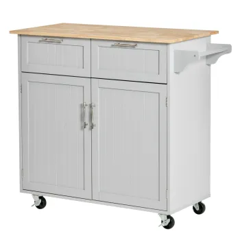 HOMCOM Insula de Bucatarie cu Blat de Lucru din Lemn de Cauciuc, Roti, 2 Sertare, Dulapior si Rafturi, 104x46x91 cm, Gri | Aosom Romania imagine