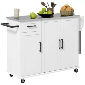 HOMCOM Insula de Bucatarie cu Depozitare, Insula de Bucatarie Rulanta pe Roti cu Sertar, 3 Dulapuri, Blat din Otel Inoxidabil, Alb imagine