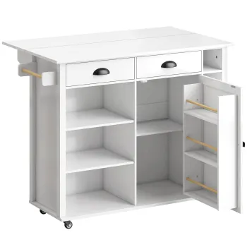 HOMCOM Insula de Bucatarie cu Roti Blat Rabatabil Suport Condimente Suport Prosoape Dulap 2 Sertare 117,5x70x91 cm Alb | Aosom Romania imagine