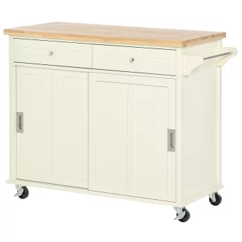 HOMCOM Insula de bucatarie din lemn si MDF cu sertare, dulap si suport pentru prosoape, carucior de bucatarie, 110x49,5x89,5 cm, alb | AOSOM RO imagine