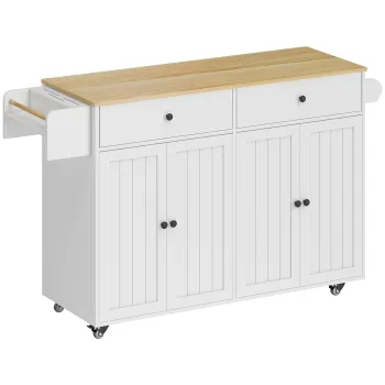 HOMCOM Insula de bucatarie pe roti, 2 sertare, 2 dulapuri, mobila, raft pentru condimente, suport prosop, suport pentru cutite, MDF, Alb | Aosom Romania imagine