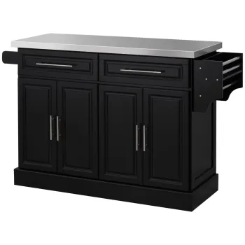 HOMCOM Insula de bucatarie pe roti Blat din otel inoxidabil Sertare Rafturi reglabile Suport pentru condimente Suport prosoape 145x45x93 cm Negru | Aosom Romania imagine