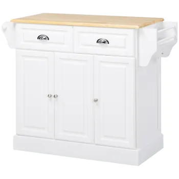 HOMCOM, Insula de bucatarie pe roti, cu 2 sertare, suport pentru condimente si suport pentru stergare, 110 x 45 x 91 cm, alb | Aosom Romania imagine