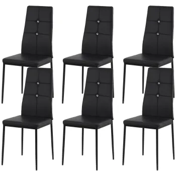 HOMCOM Joc de 6 Scaune de Dining Tapitate in PU cu Spatar Inalt cu Butoane si Picioare de Otel Design Modern Negru | Aosom Romania imagine