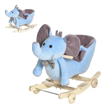 HOMCOM Jucarie Balansoar pentru Copii 18+ Luni in Forma de Elefant cu Roti, Centura si Spatar, 60x35x45 cm, Albastru | Aosom Romania imagine