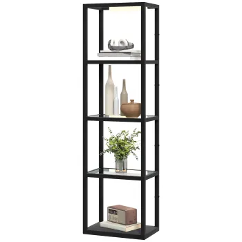 HOMCOM Lampa de podea cu LED-uri cu raft de 4 nivele, Lampa luminoasa cu 4 rafturi de sticla, Intrerupator de picior, MDF, Negru | Aosom Romania imagine