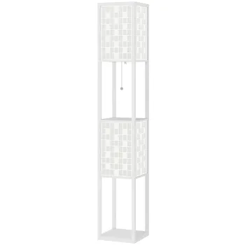 HOMCOM Lampa de podea, model tip plasa, rafturi in 2 niveluri, compatibila cu diferite becuri, Alb | Aosom Romania imagine