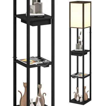 HOMCOM Lampadaire modern cu LED-uri si rafturi cu port USB A+C, comutator la picior pentru salon, camera, birou, negru | Aosom Romania imagine