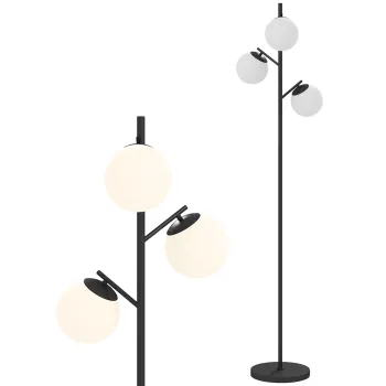 HOMCOM Lampadar de podea in metal cu 3 abajururi globe din sticla mata alba 40W O 27 x 169 cm negru | Aosom Romania imagine