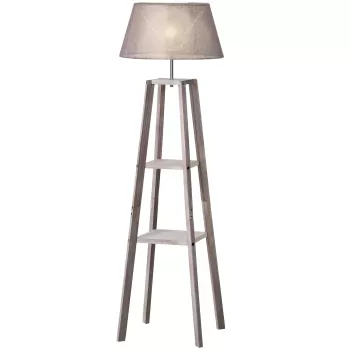 HOMCOM Lampadar din Lemn pentru Salon cu Raft si Abajur din Tesatura, Lampadar cu Intrerupator de Picior, 64x38x163.5 cm, Gri imagine