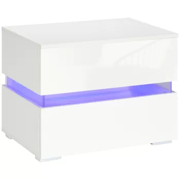 HOMCOM LED Noptiera cu 2 Sertare cu Luciu, Noptiera cu LED-uri RGB cu 16 Culori, 4 Moduri si Luminozitate Reglabila, Telecomanda, Alb | Aosom RO imagine