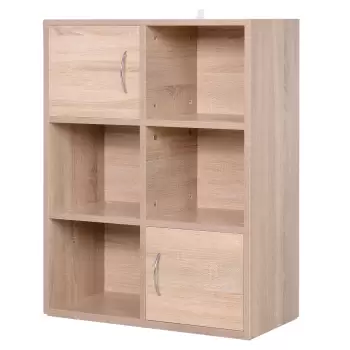 Homcom Librarie cu 3 Rafturi, 4 Compartimente si 2 Usi Basculante din Lemn Natural 61.5x29.5x80cm  imagine