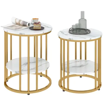 HOMCOM Lot de 2 mese de cafea rotunde mese de cafea efect marmura cu raft de depozitare deschis si cadru din otel aur | Aosom Romania imagine