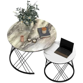 HOMCOM Lot de 2 mese joase gigogne rotunde O 70/44,5 cm cu blat efect marmura si picioare din metal, gri si alb | Aosom Romania imagine