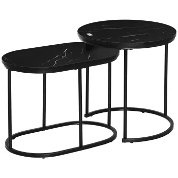 HOMCOM Lot de 2 mese laterale mese d'appoint incorporabile din otel si blat MDF cu aspect de marmura - masa rotunda si ovala - negru | Aosom Romania imagine