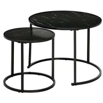 HOMCOM Lot de 2 Mese Laterale Rotunde gigogne incastrabile blat de lemn aspect marmura si Picioare din metal Negru | Aosom Romania imagine