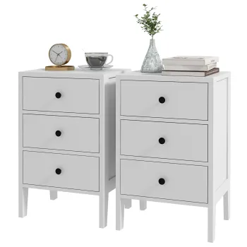 HOMCOM Lot de 2 noptiere, mese auxiliare, 3 sertare pentru camera din lemn 40L x 30l x 64I cm alb | Aosom Romania imagine