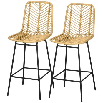 HOMCOM Lot de 2 taburete de bar design boem Inaltime 66 cm cu suport pentru picioare din metal si rachita PE, natural | Aosom Romania imagine