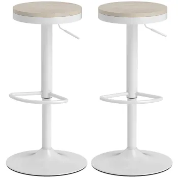 HOMCOM Lot de 2 taburete de bar, scaune de bar pivotante cu scaun din hevea, inaltime reglabila si suport pentru picioare, alb | Aosom Romania imagine