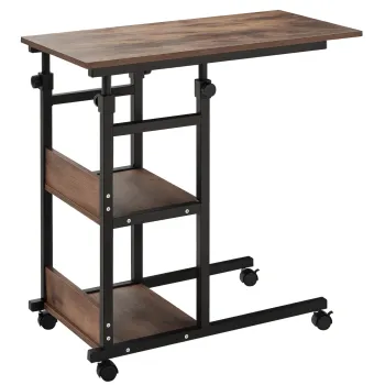 HOMCOM Masa auxiliara cu role, reglabila pe inaltime, compacta, 2 rafturi, cadru metalic, 80x40x72-82 cm, Maro/Negru | Aosom Romania imagine